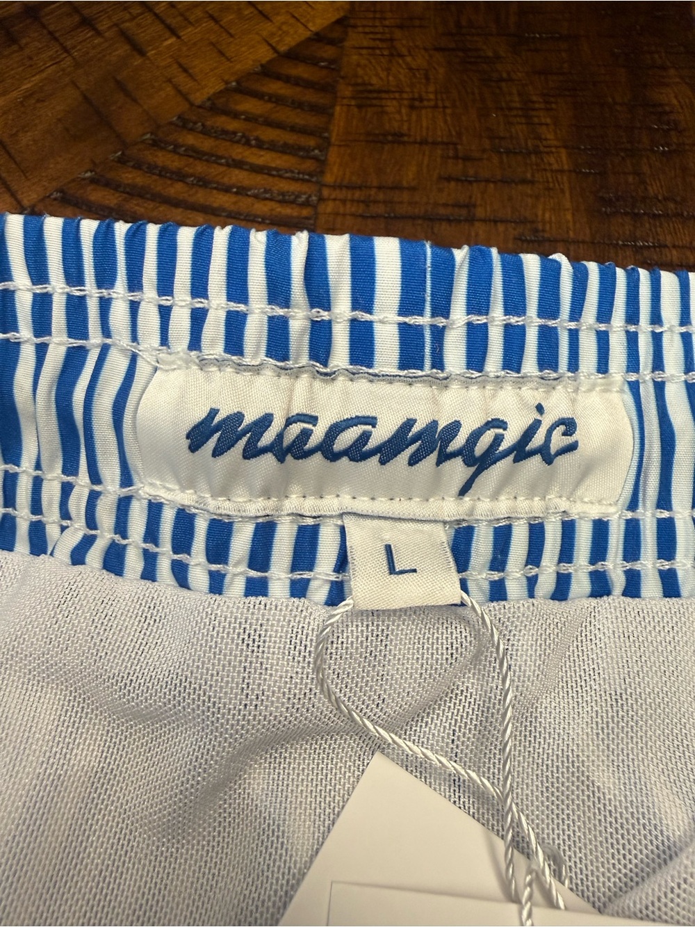 Men's Navy & White Pinstripe Swim Trunks with Drawstring Waist - Picture 5 of 9